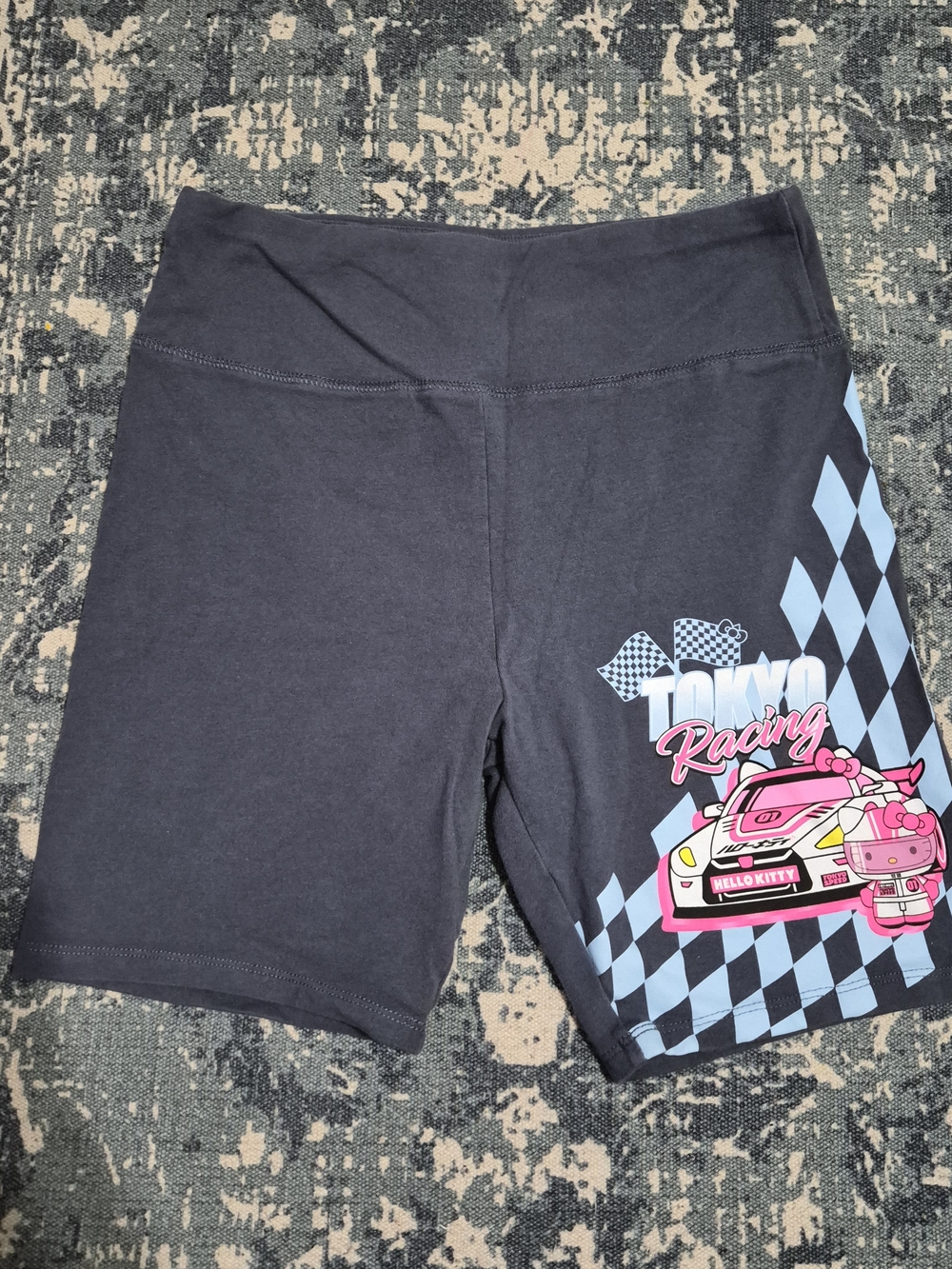 Sanrio Black Bike Shorts with Pink and Light Blue Racing Graphic